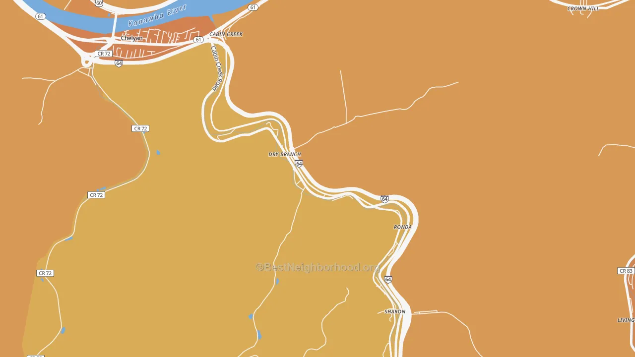 Map of the best neighborhoods in the Drybranch area, with better matches in green and worse matches in red
