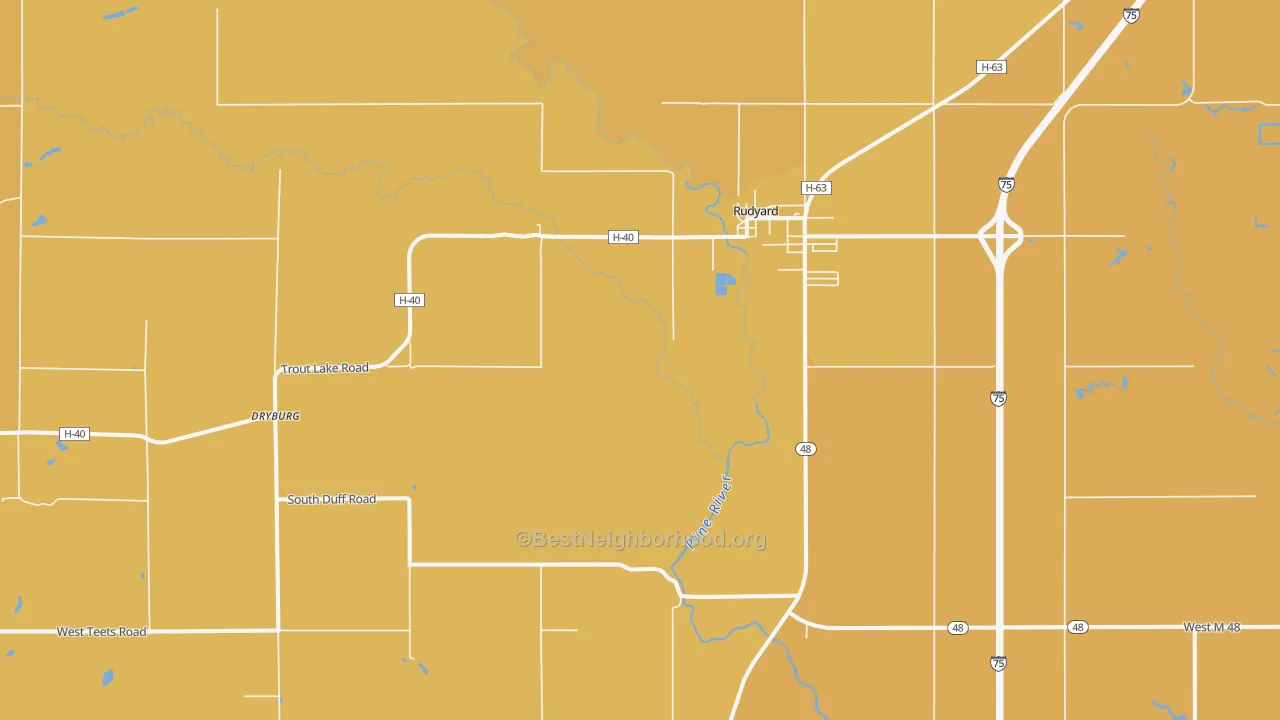 Map of the best neighborhoods in the Dryburg area, with better matches in green and worse matches in red