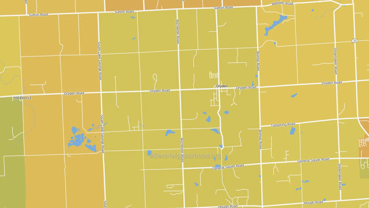 Map of the best neighborhoods in the Dryden area, with better matches in green and worse matches in red