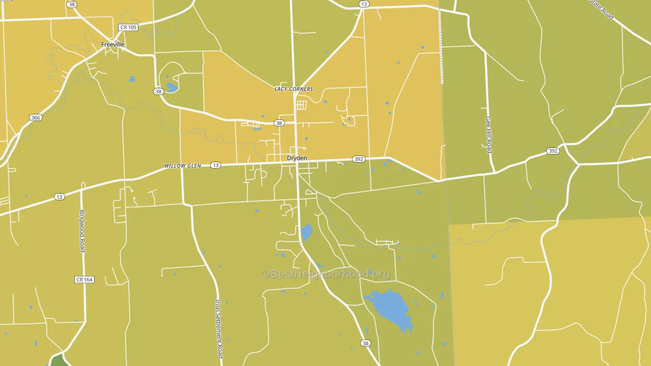 Map of the best neighborhoods in the Dryden area, with better matches in green and worse matches in red