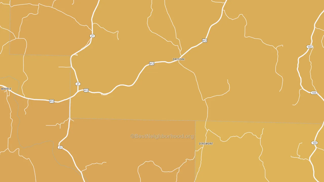 Map of the best neighborhoods in the Dryfork area, with better matches in green and worse matches in red