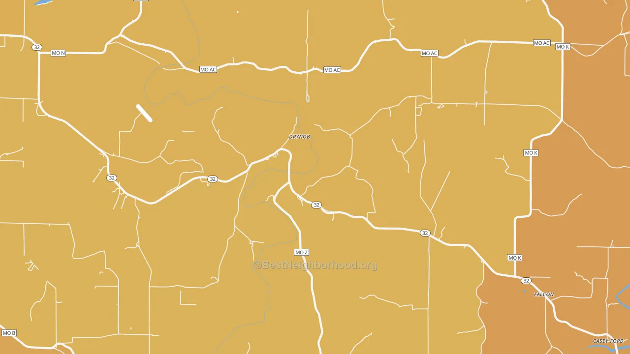 Map of the best neighborhoods in the Drynob area, with better matches in green and worse matches in red