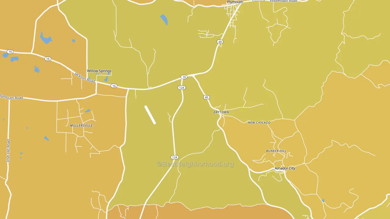 Map of the best neighborhoods in the Drytown area, with better matches in green and worse matches in red