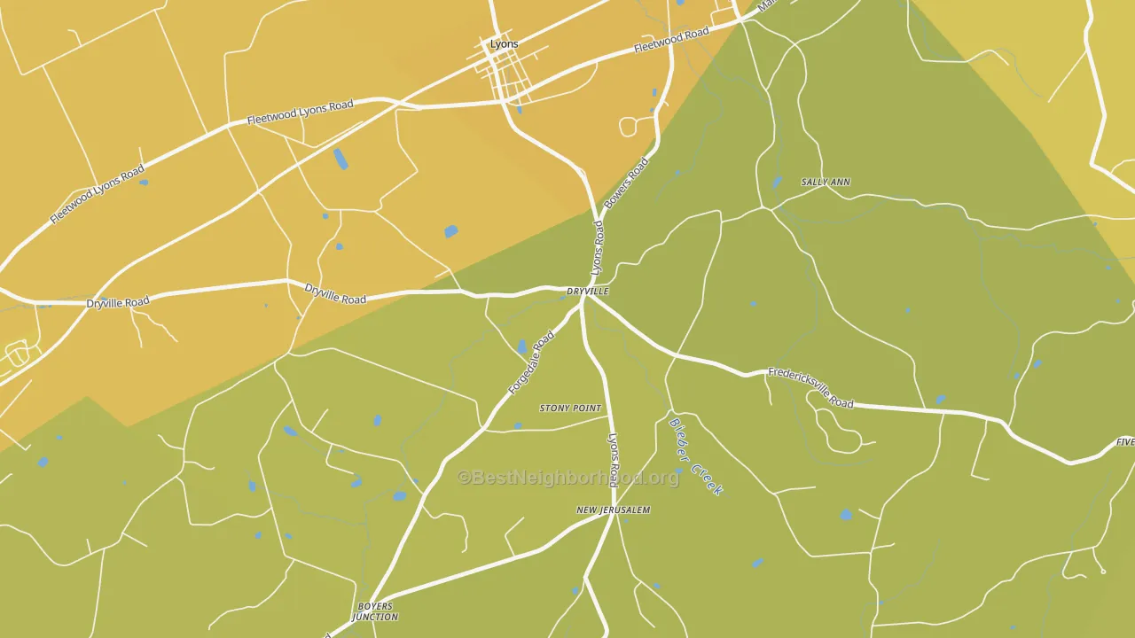 Map of the best neighborhoods in the Dryville area, with better matches in green and worse matches in red