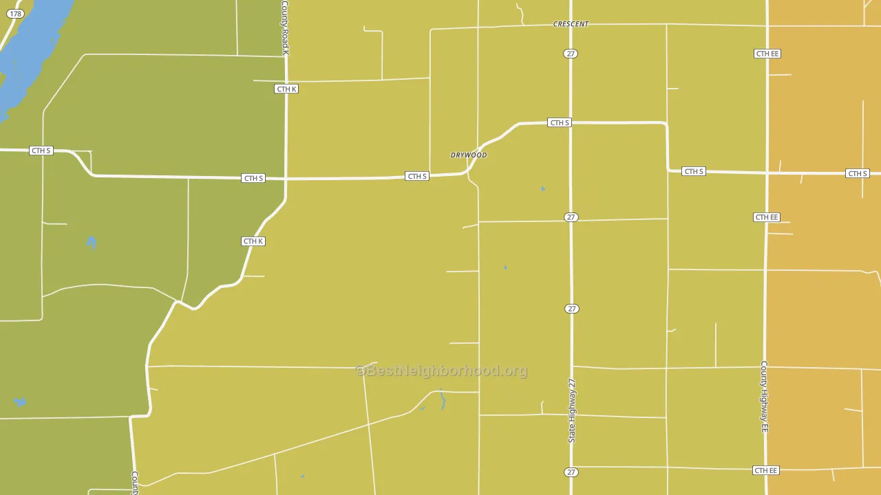 Map of the best neighborhoods in the Drywood area, with better matches in green and worse matches in red