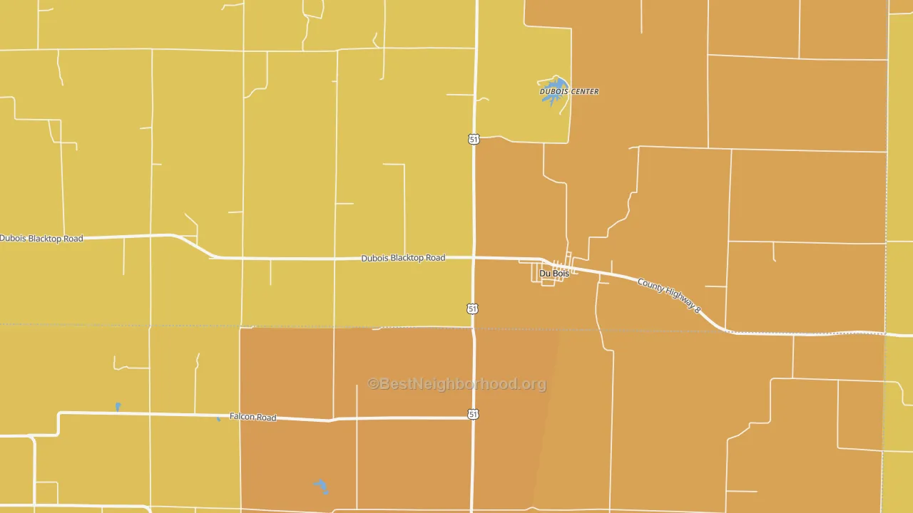 Map of the best neighborhoods in the Du Bois area, with better matches in green and worse matches in red