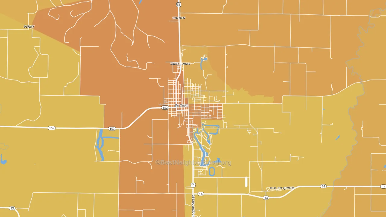Map of the best neighborhoods in the Du Quoin area, with better matches in green and worse matches in red