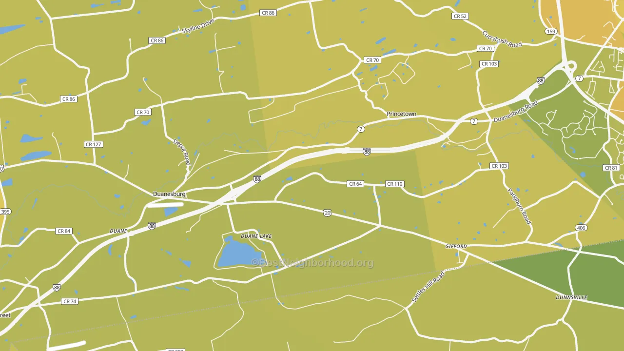Map of the best neighborhoods in the Duanesburg area, with better matches in green and worse matches in red