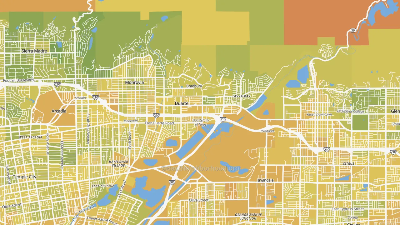Map of the best neighborhoods in the Duarte area, with better matches in green and worse matches in red