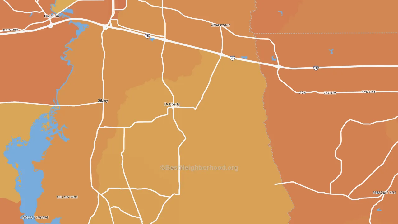 Map of the best neighborhoods in the Dubberly area, with better matches in green and worse matches in red
