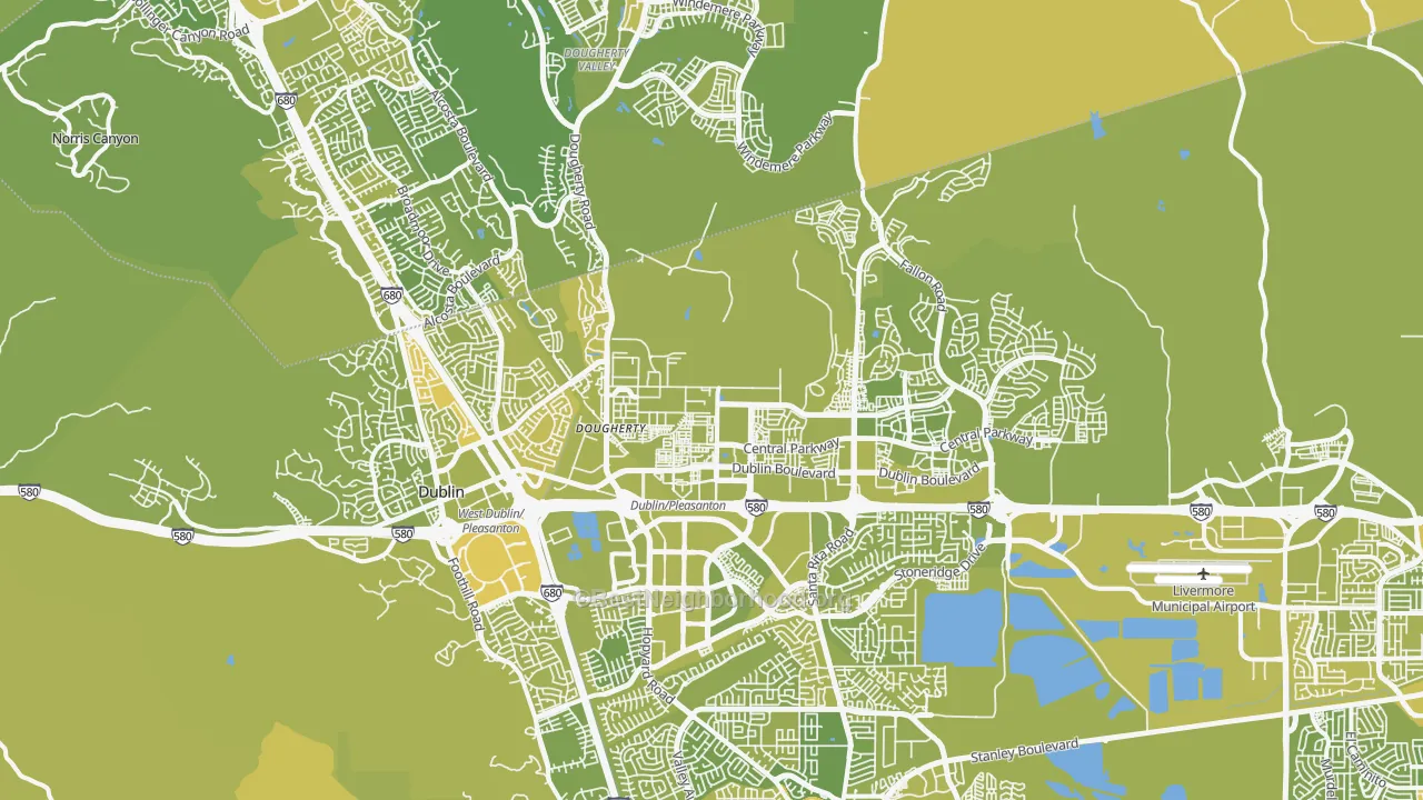 Map of the best neighborhoods in the Dublin area, with better matches in green and worse matches in red