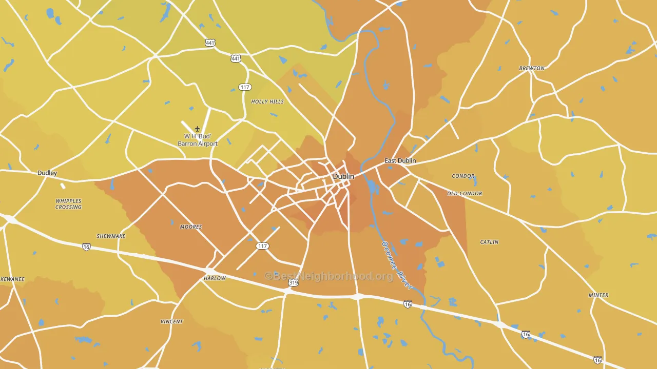 Map of the best neighborhoods in the Dublin area, with better matches in green and worse matches in red