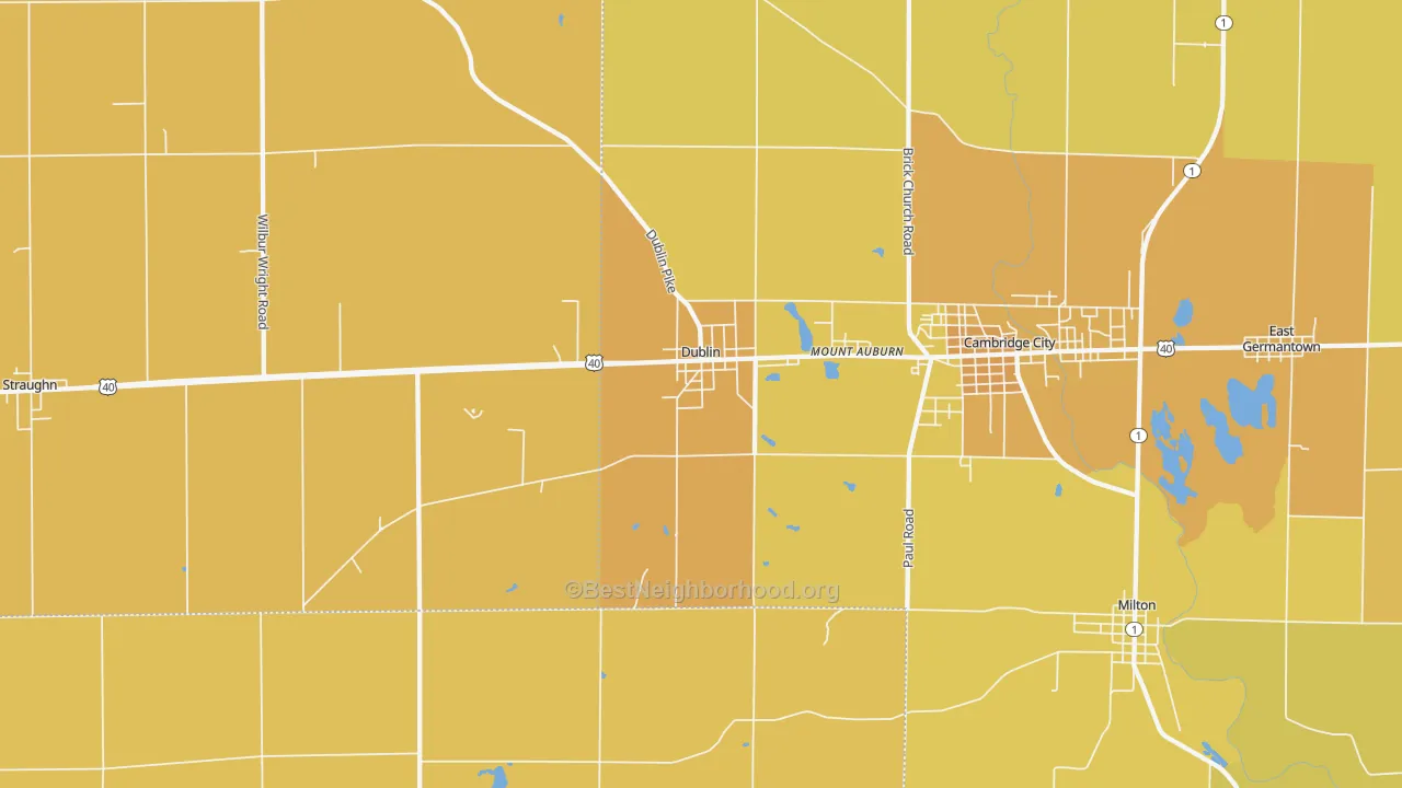 Map of the best neighborhoods in the Dublin area, with better matches in green and worse matches in red