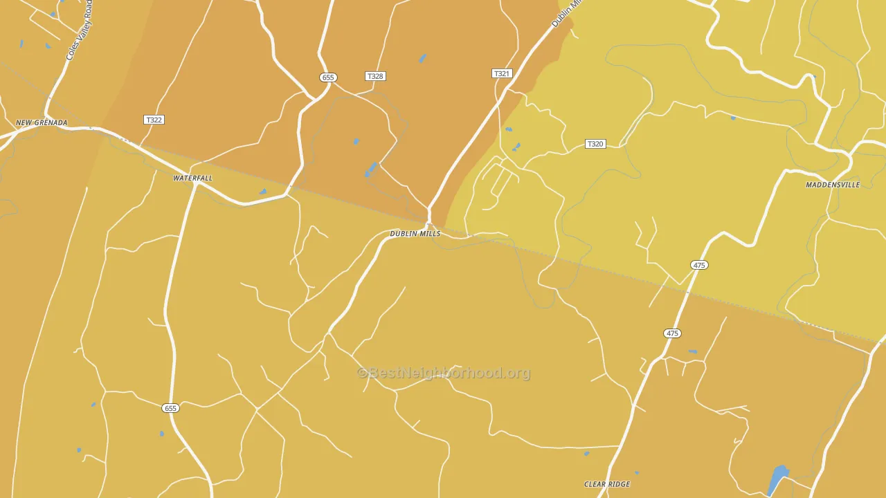 Map of the best neighborhoods in the Dublin Mills area, with better matches in green and worse matches in red