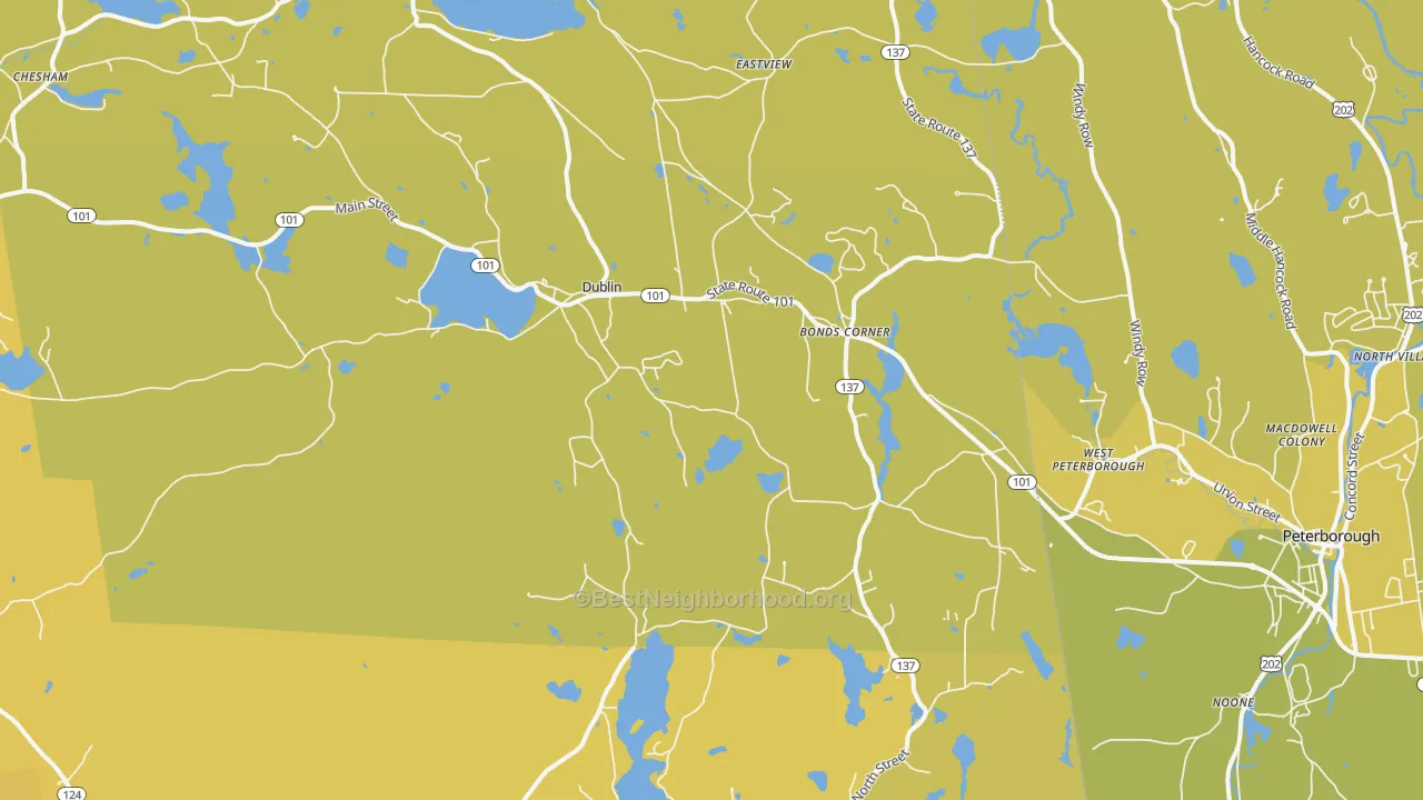 Map of the best neighborhoods in the Dublin area, with better matches in green and worse matches in red