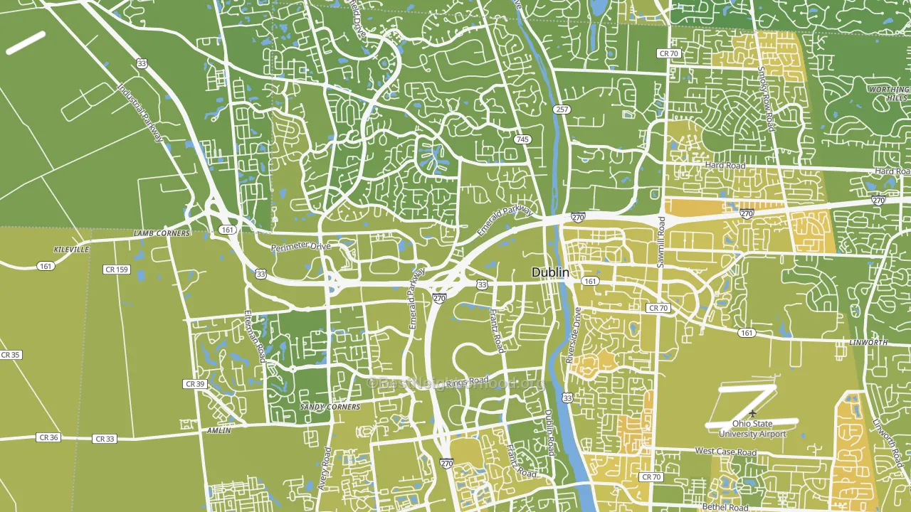 Map of the best neighborhoods in the Dublin area, with better matches in green and worse matches in red