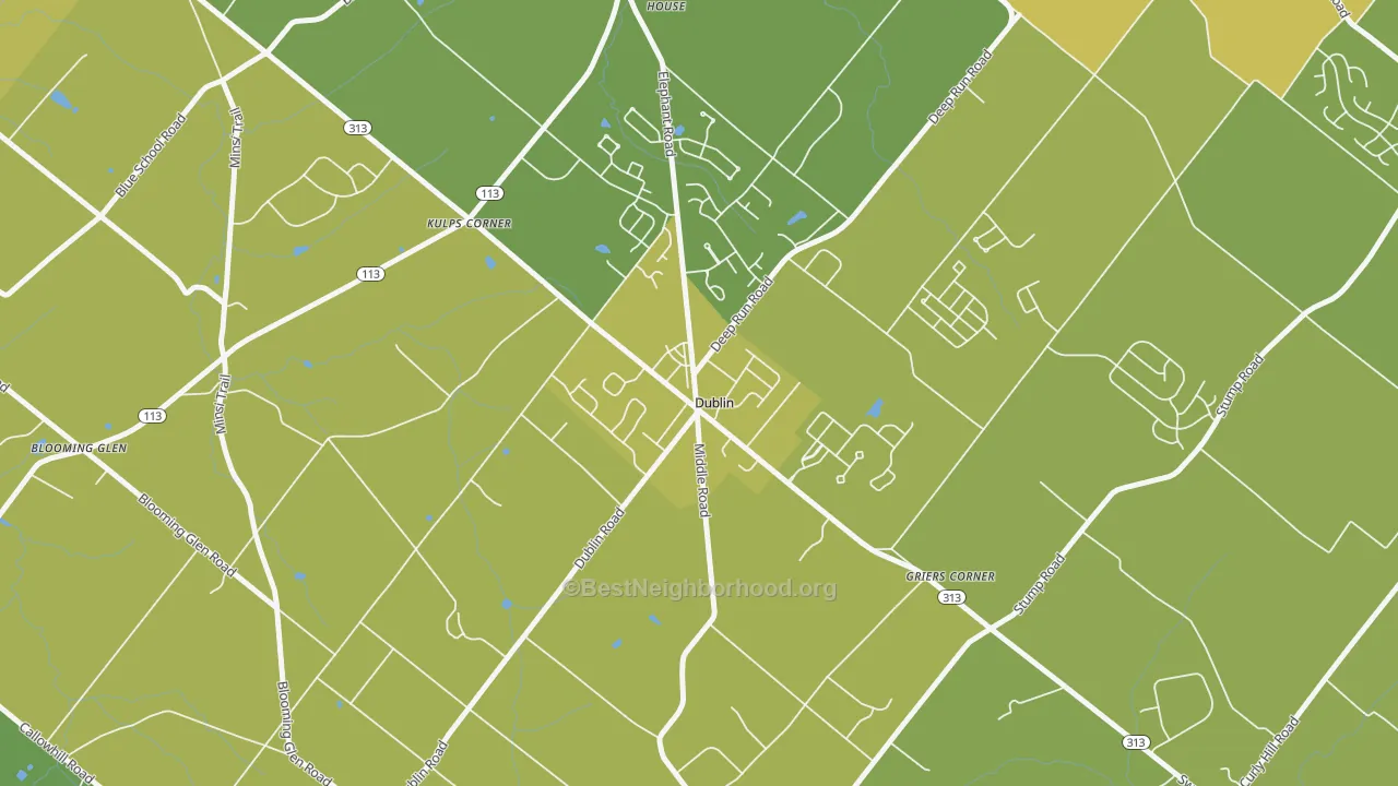 Map of the best neighborhoods in the Dublin area, with better matches in green and worse matches in red