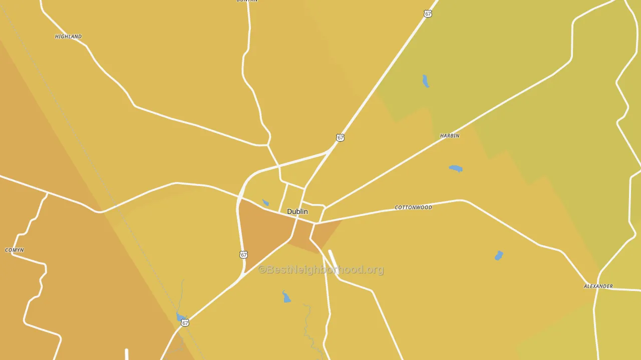 Map of the best neighborhoods in the Dublin area, with better matches in green and worse matches in red