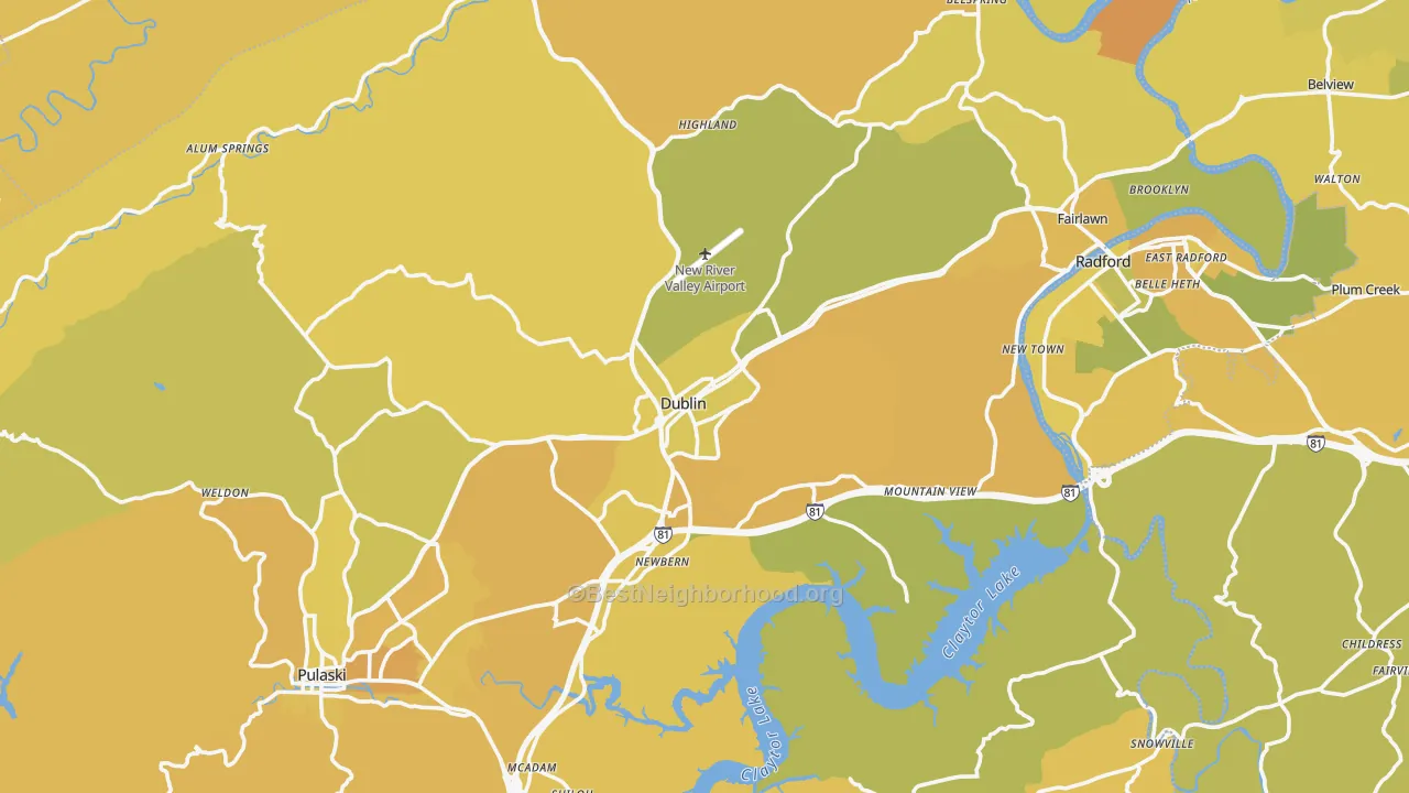 Map of the best neighborhoods in the Dublin area, with better matches in green and worse matches in red