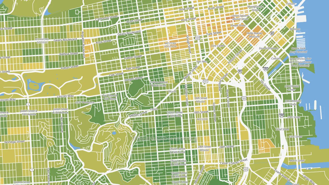 Map of the best neighborhoods in the Duboce Triangle, San Francisco area, with better matches in green and worse matches in red