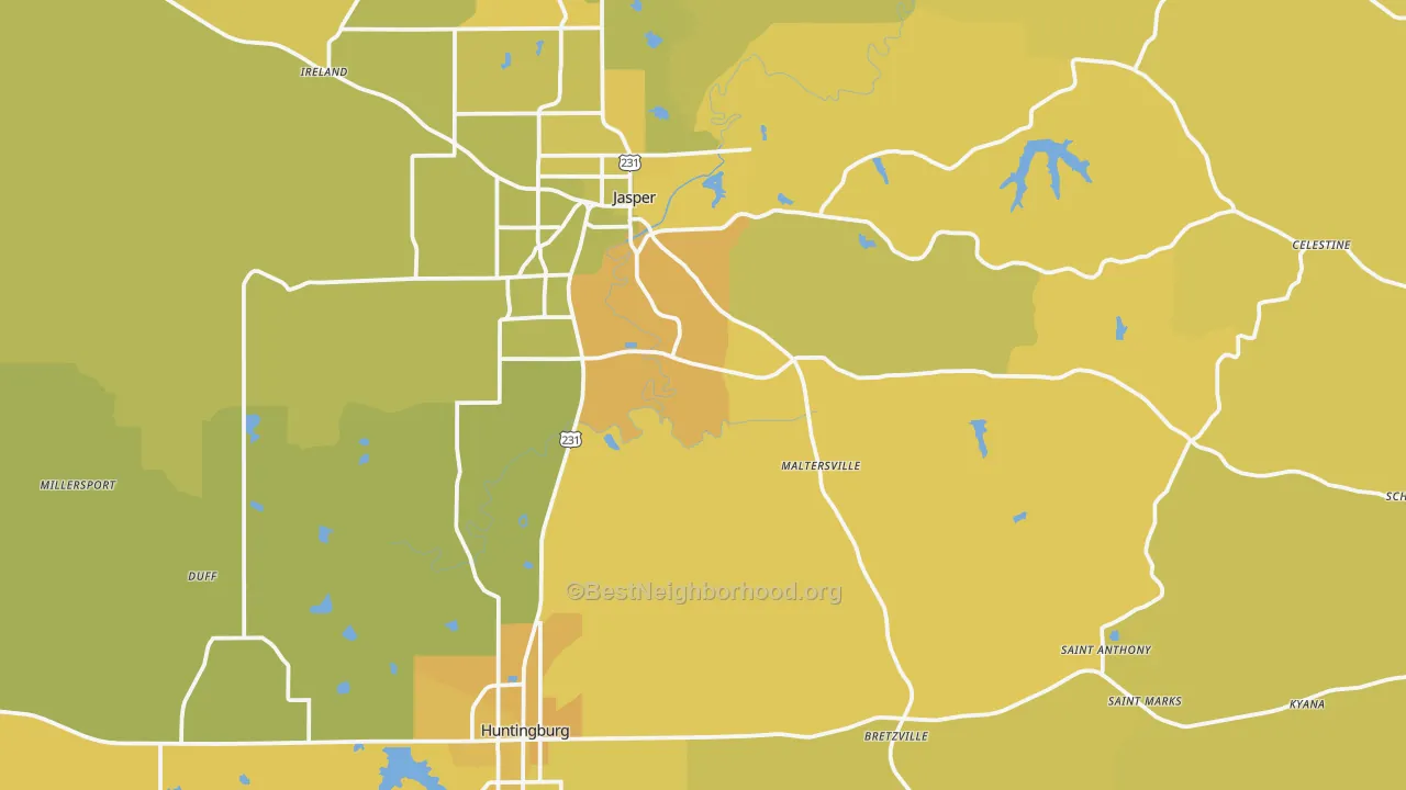 Map of the best neighborhoods in the Dubois County area, with better matches in green and worse matches in red