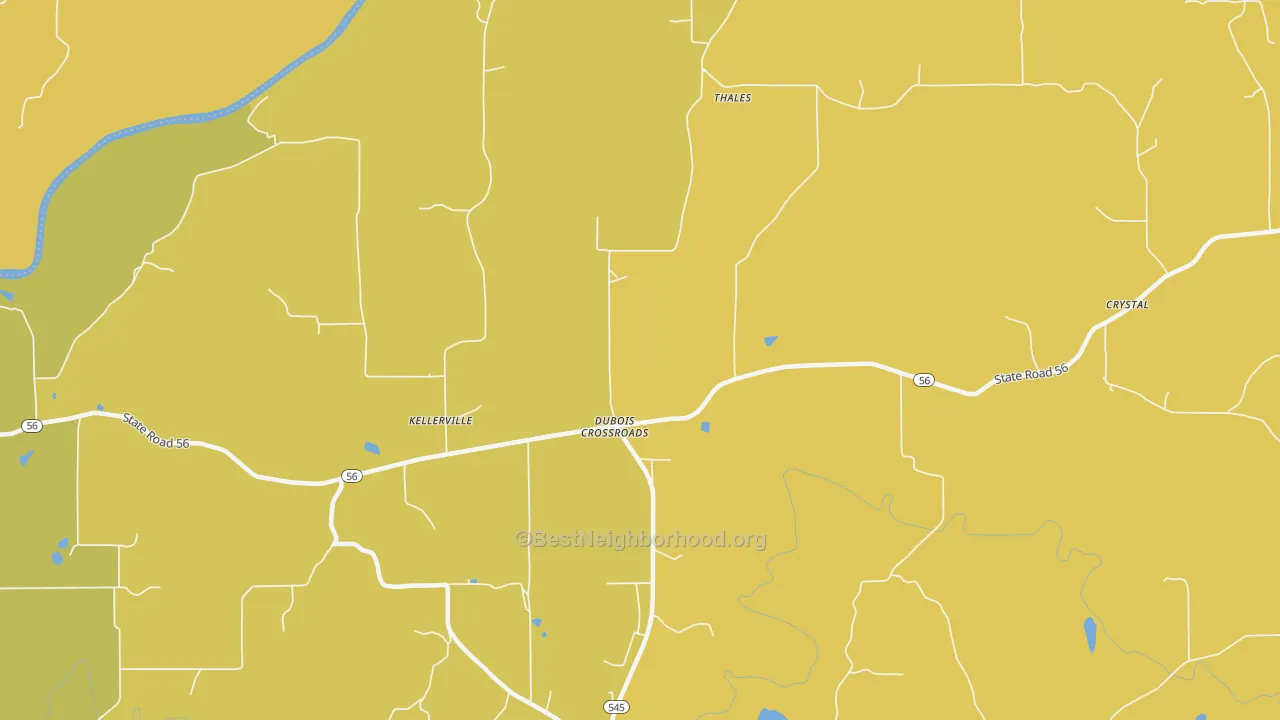 Map of the best neighborhoods in the Dubois Crossroads area, with better matches in green and worse matches in red