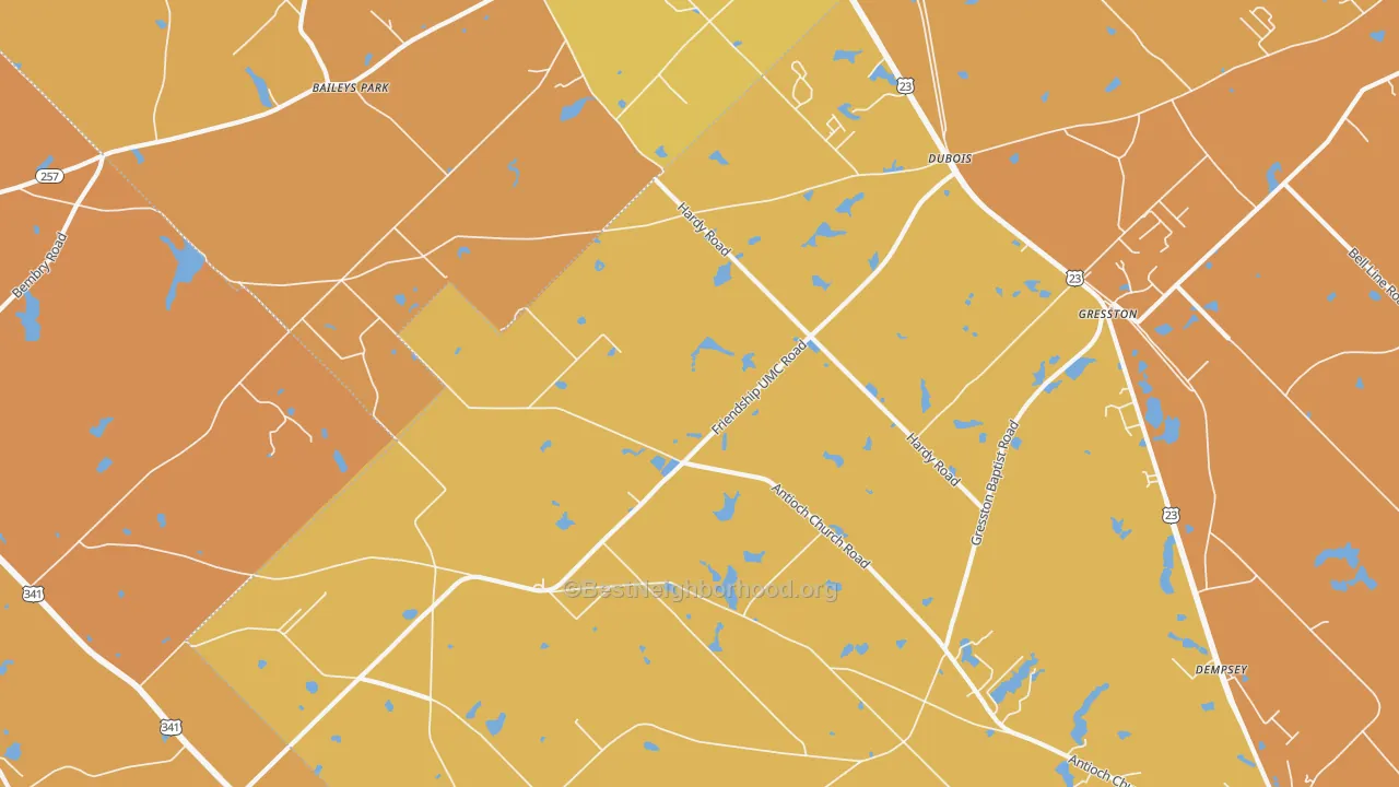 Map of the best neighborhoods in the Dubois area, with better matches in green and worse matches in red