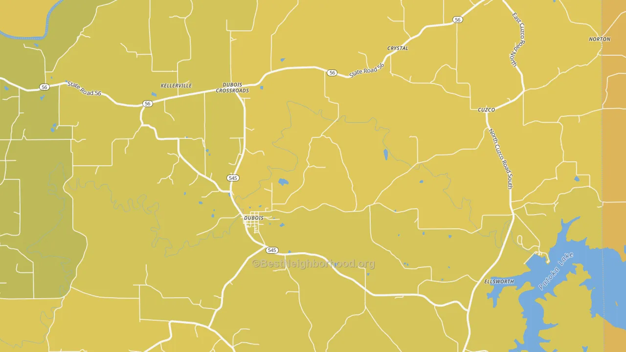 Map of the best neighborhoods in the Dubois area, with better matches in green and worse matches in red