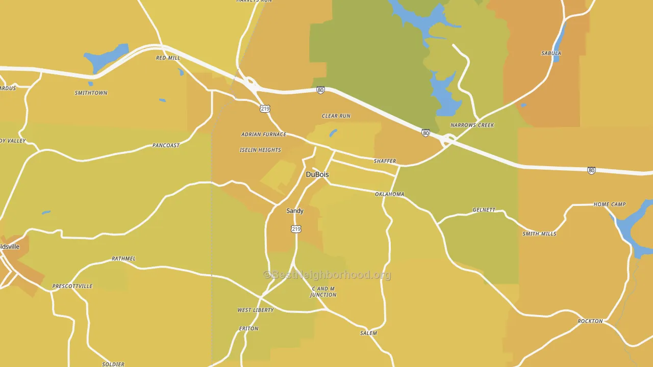 Map of the best neighborhoods in the Dubois area, with better matches in green and worse matches in red