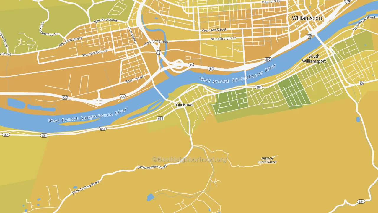 Map of the best neighborhoods in the Duboistown area, with better matches in green and worse matches in red