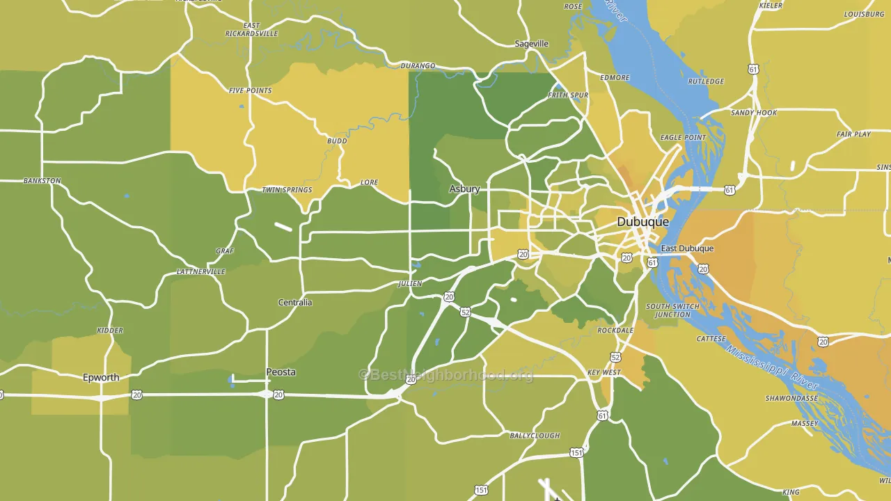 Map of the best neighborhoods in the Dubuque County area, with better matches in green and worse matches in red