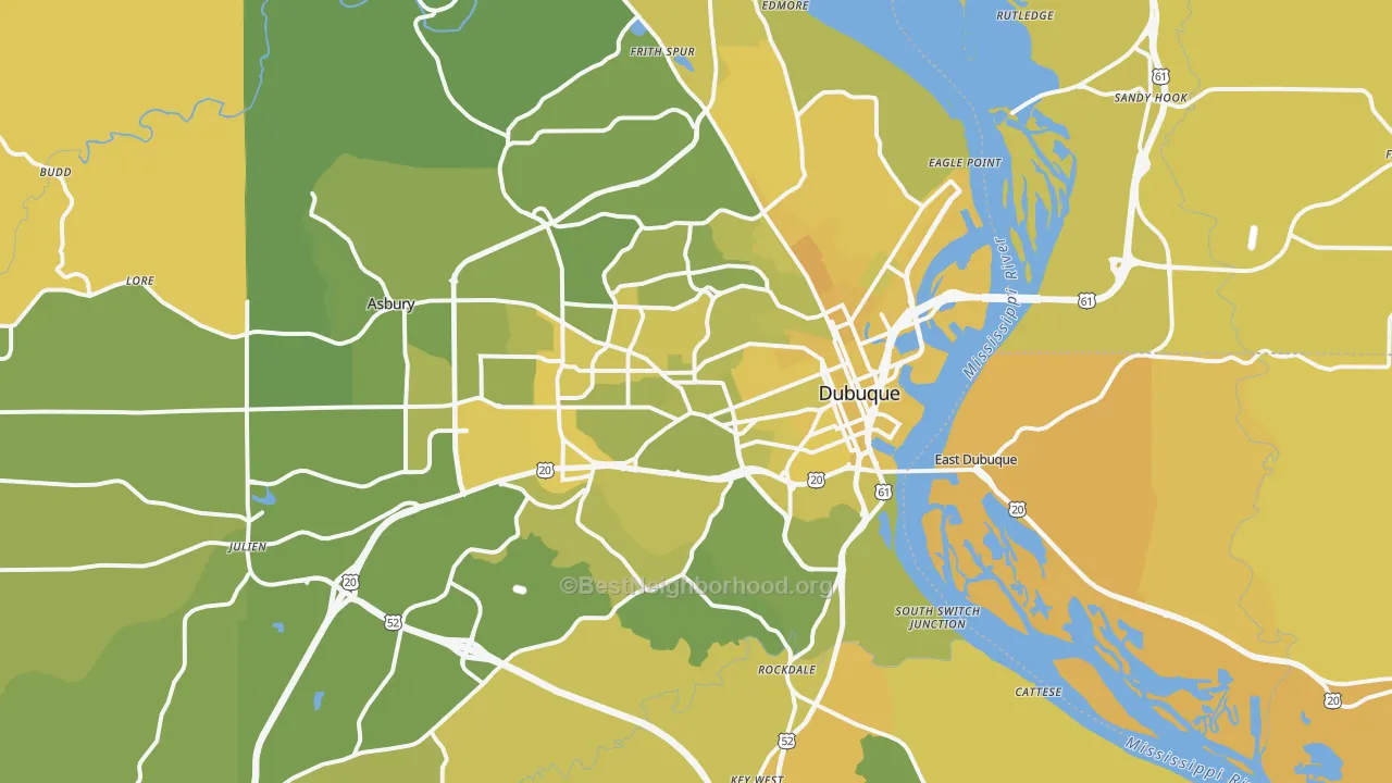 Map of the best neighborhoods in the Dubuque Metro area, with better matches in green and worse matches in red