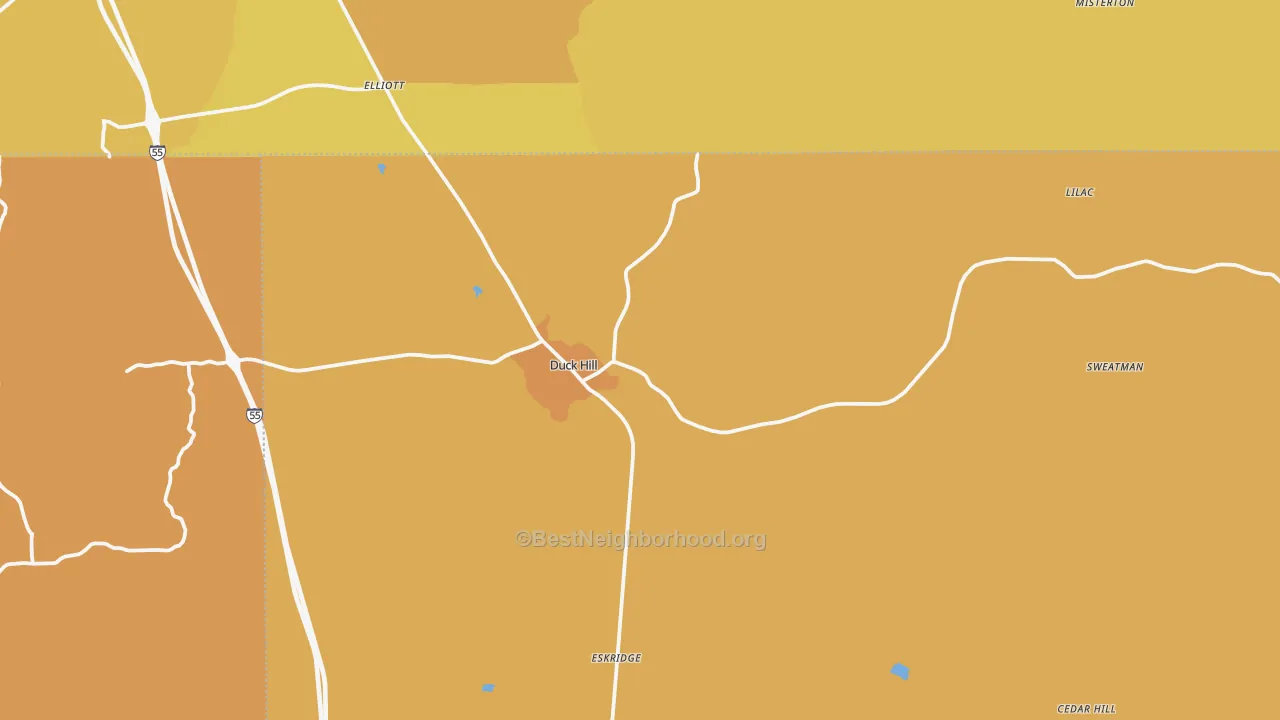 Map of the best neighborhoods in the Duck Hill area, with better matches in green and worse matches in red