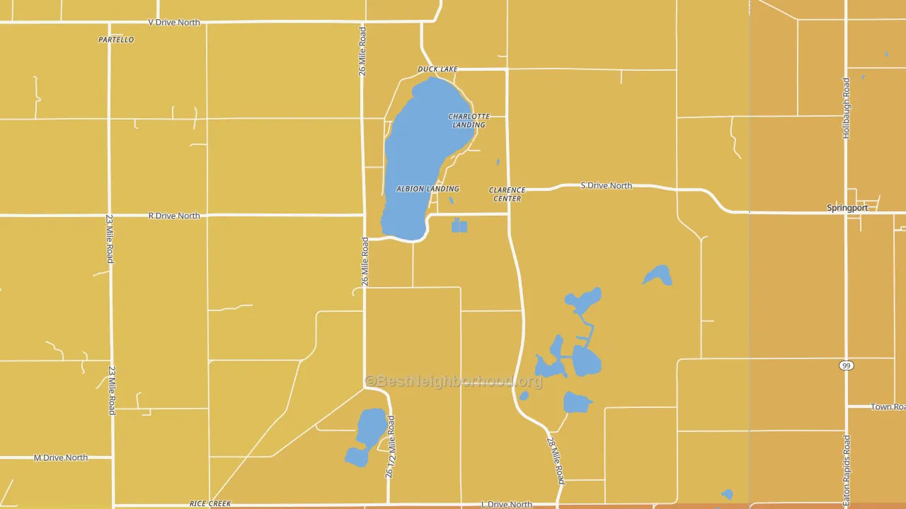 Map of the best neighborhoods in the Duck Lake area, with better matches in green and worse matches in red
