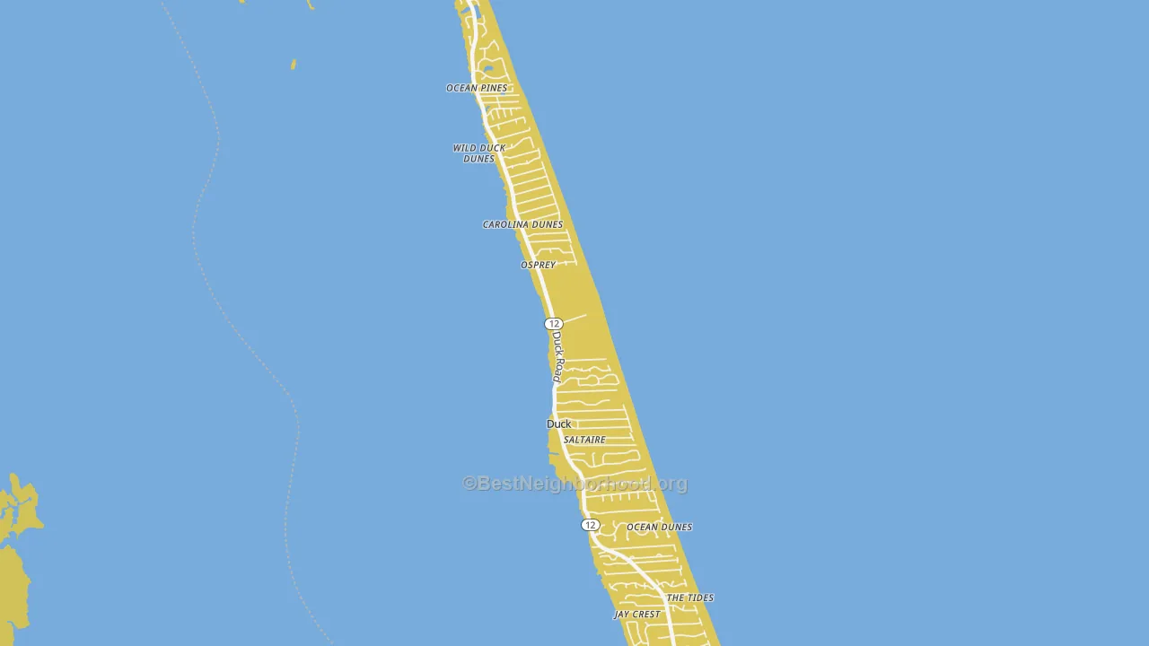 Map of the best neighborhoods in the Duck area, with better matches in green and worse matches in red