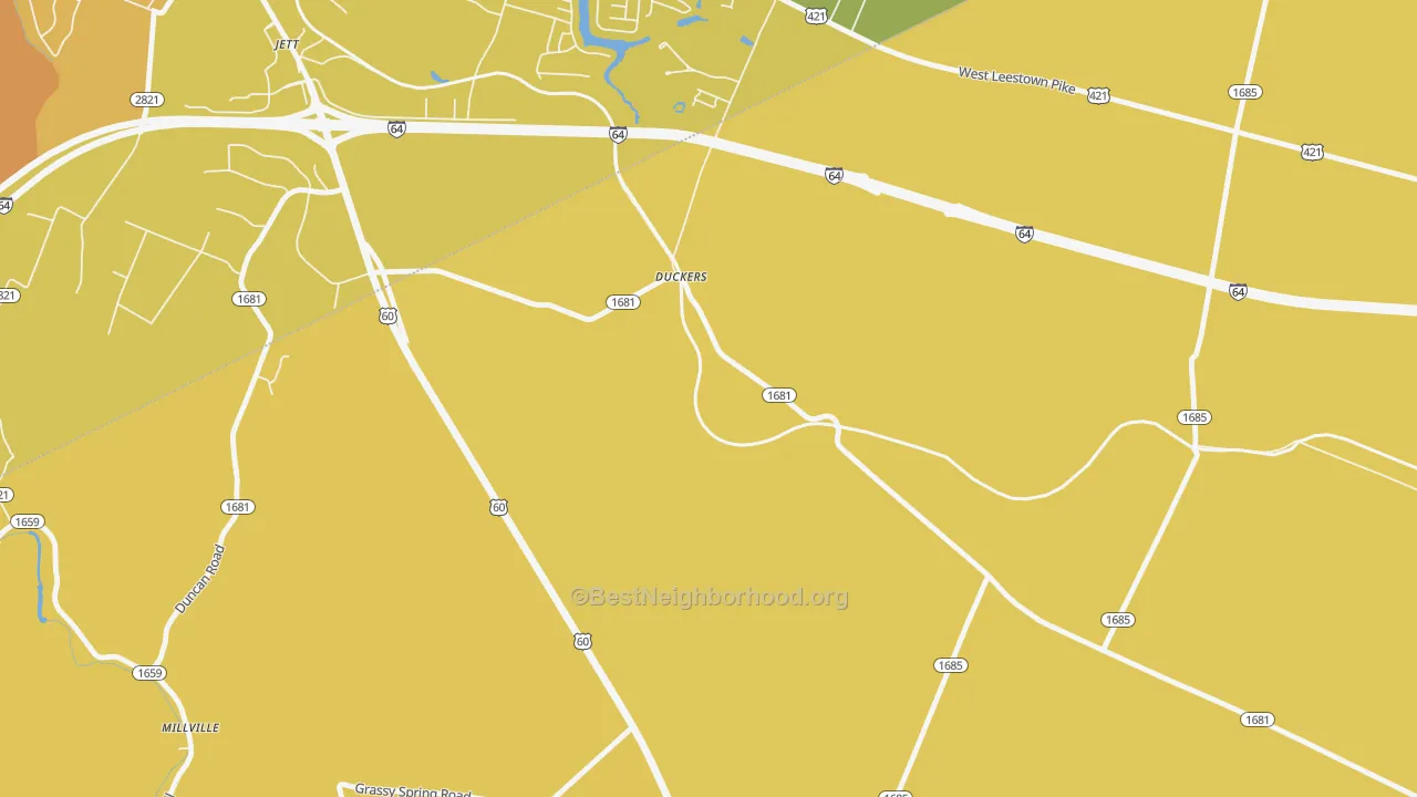 Map of the best neighborhoods in the Duckers area, with better matches in green and worse matches in red