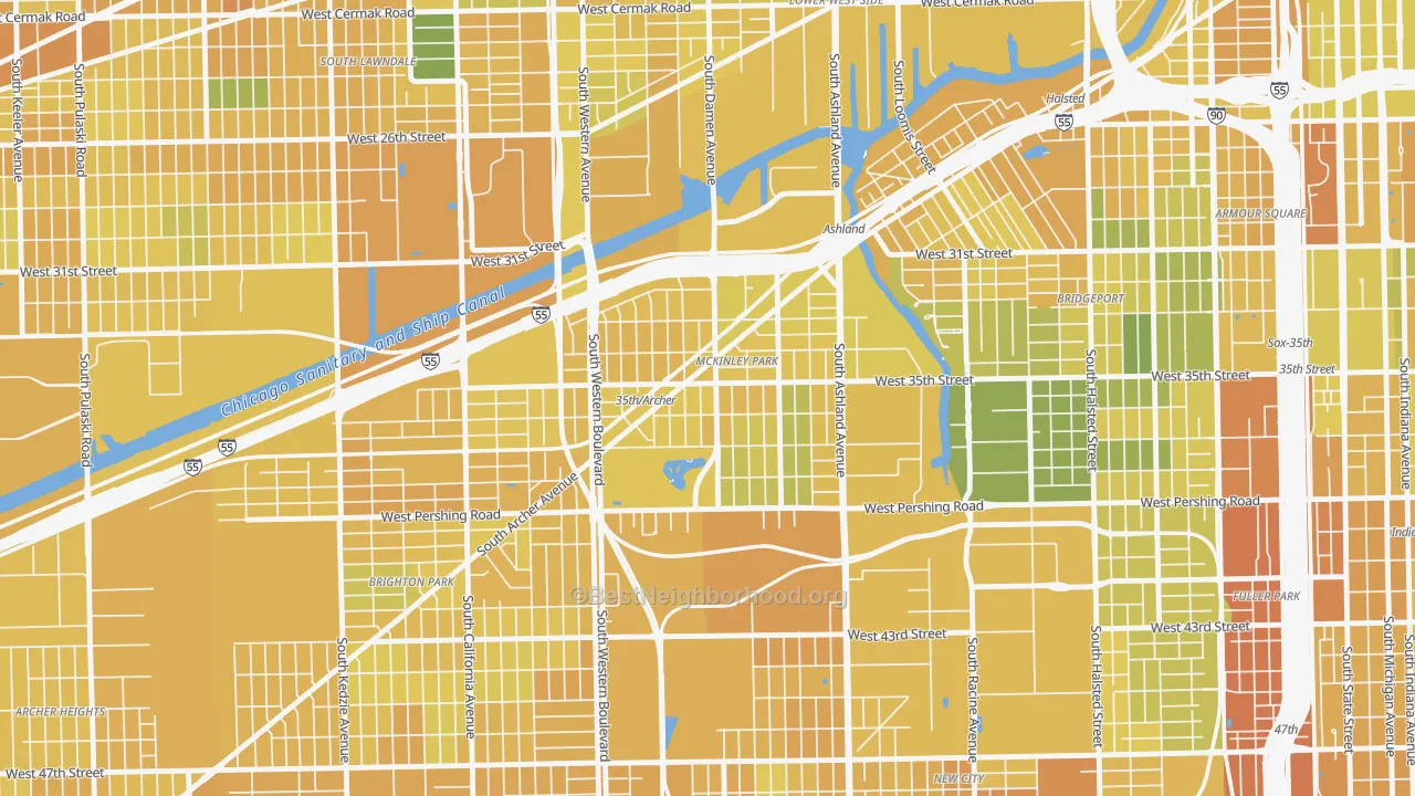 Map of the best neighborhoods in the Ducktown, Chicago area, with better matches in green and worse matches in red