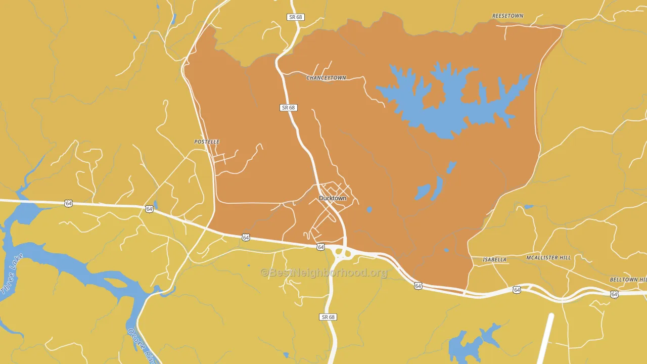 Map of the best neighborhoods in the Ducktown area, with better matches in green and worse matches in red