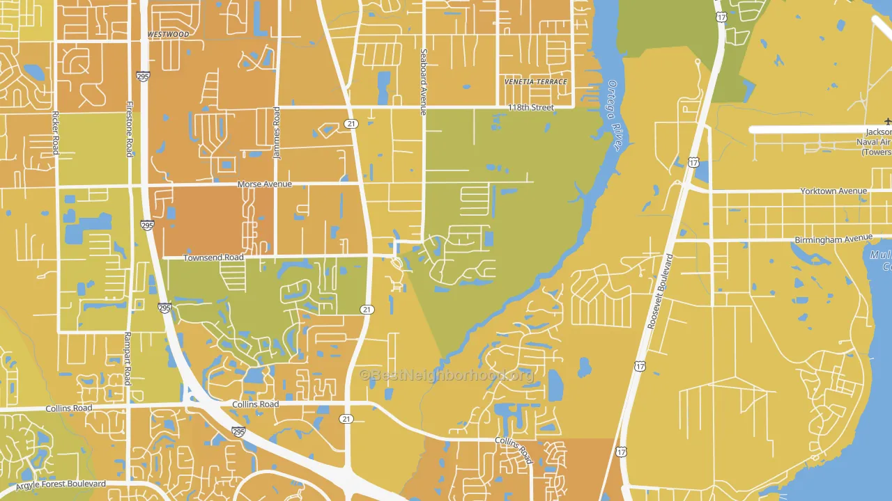 Map of the best neighborhoods in the Duclay Forest, Jacksonville area, with better matches in green and worse matches in red