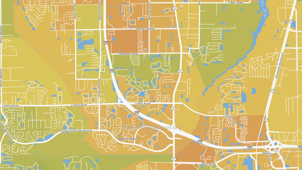 Map of the best neighborhoods in the Duclay, Jacksonville area, with better matches in green and worse matches in red