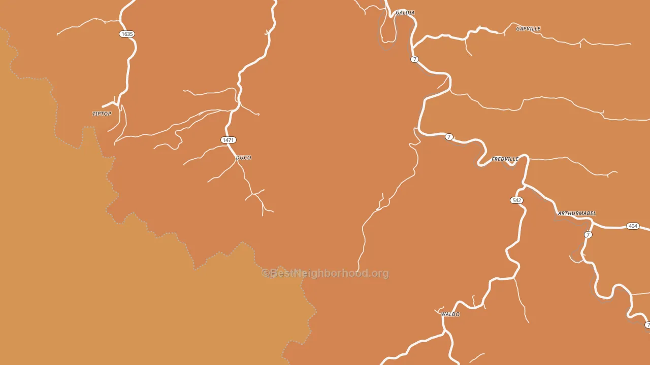 Map of the best neighborhoods in the Duco area, with better matches in green and worse matches in red