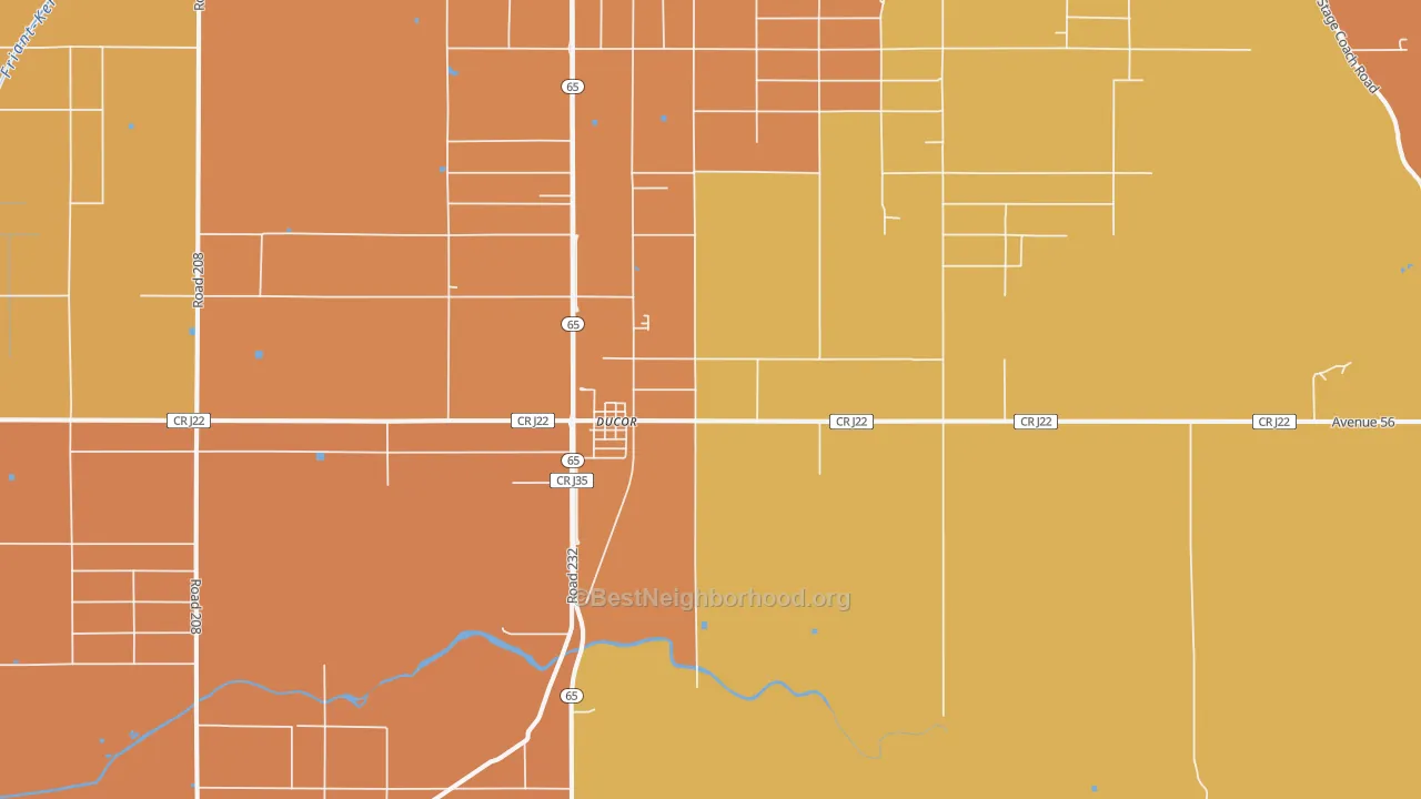 Map of the best neighborhoods in the Ducor area, with better matches in green and worse matches in red
