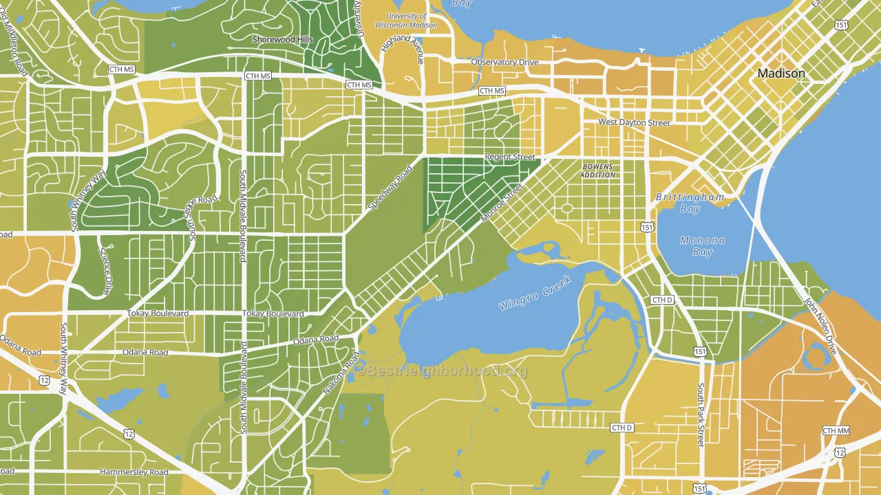 Map of the best neighborhoods in the Dudgeon-Monroe, Madison area, with better matches in green and worse matches in red