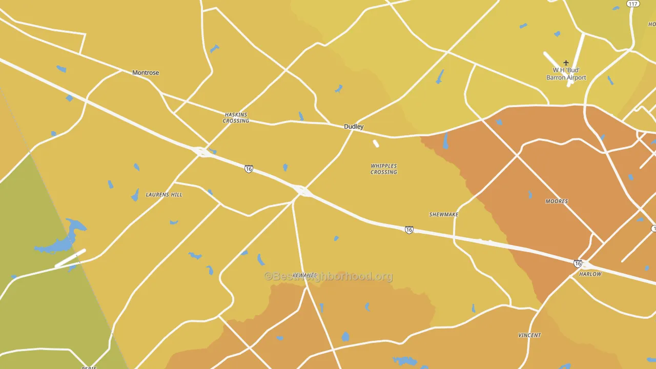 Map of the best neighborhoods in the Dudley area, with better matches in green and worse matches in red