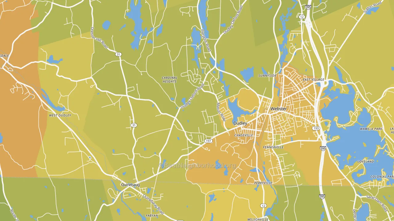Map of the best neighborhoods in the Dudley area, with better matches in green and worse matches in red