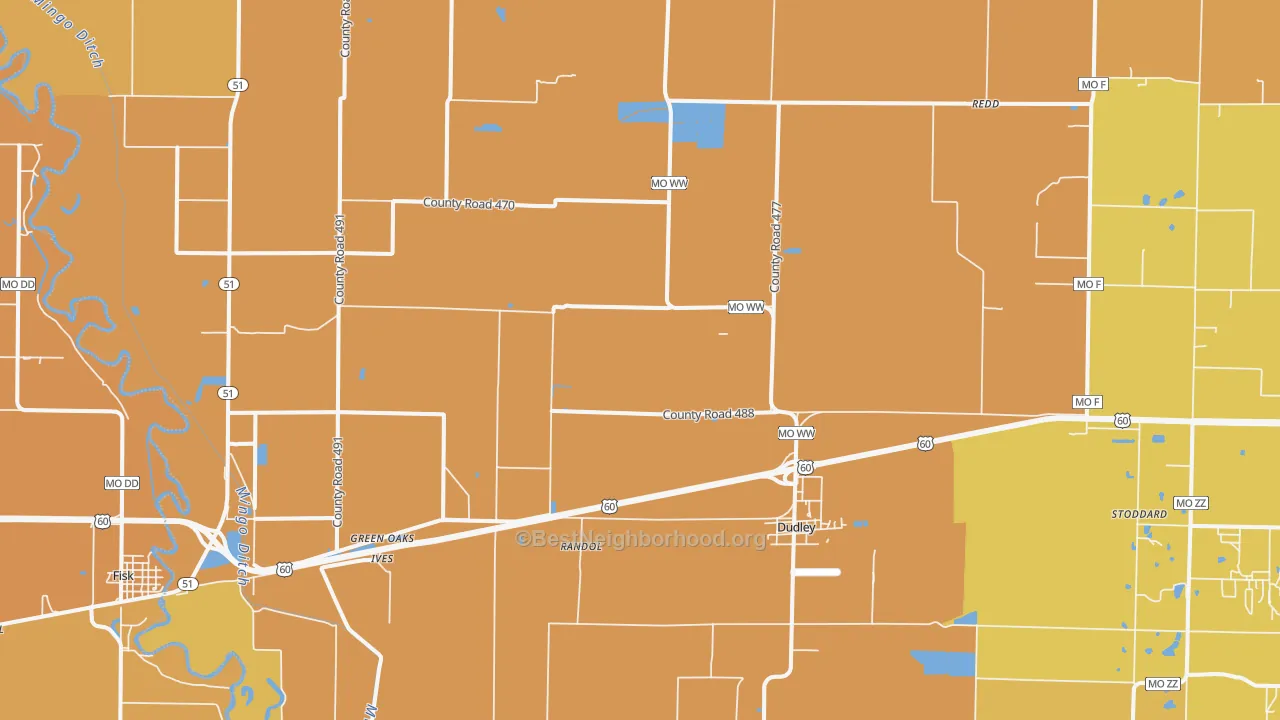 Map of the best neighborhoods in the Dudley area, with better matches in green and worse matches in red