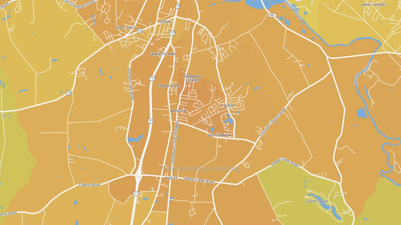 Map of the best neighborhoods in the Dudley area, with better matches in green and worse matches in red