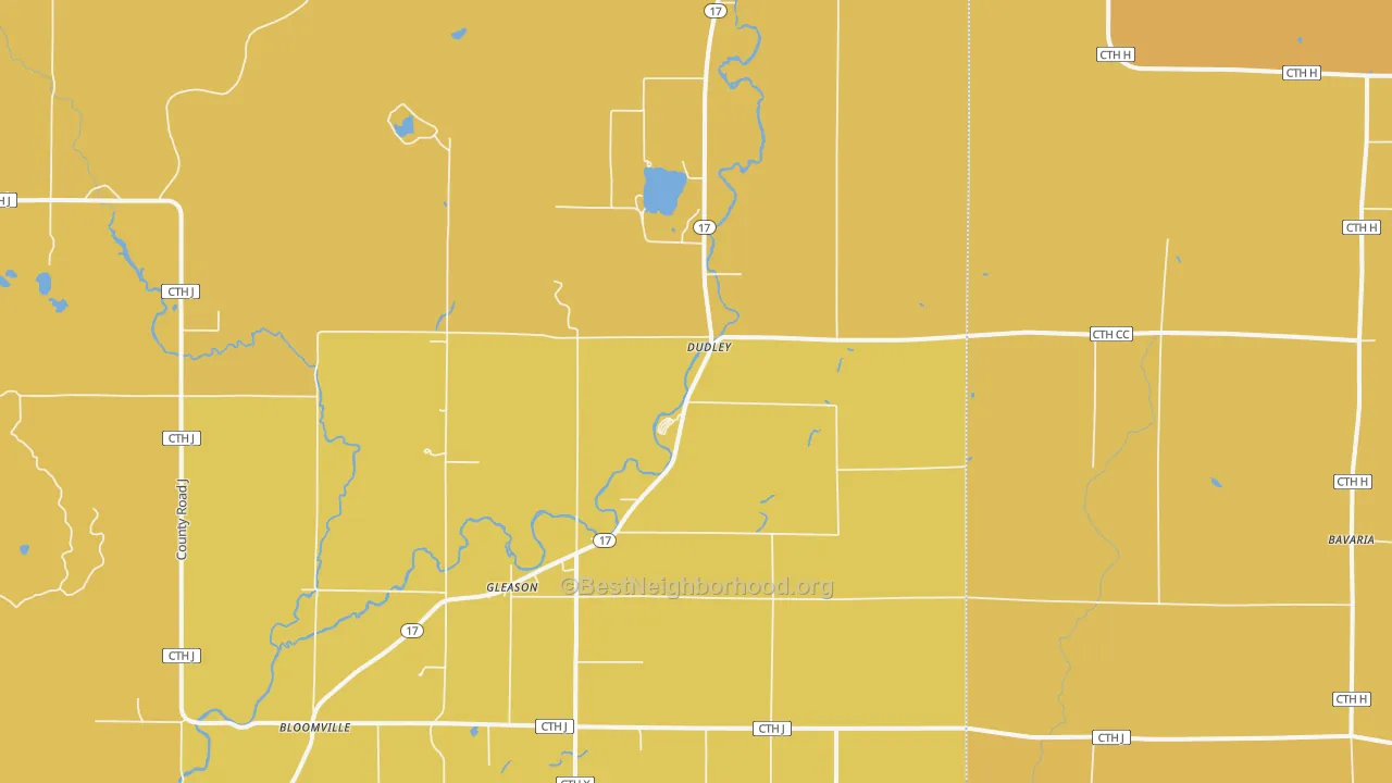 Map of the best neighborhoods in the Dudley area, with better matches in green and worse matches in red