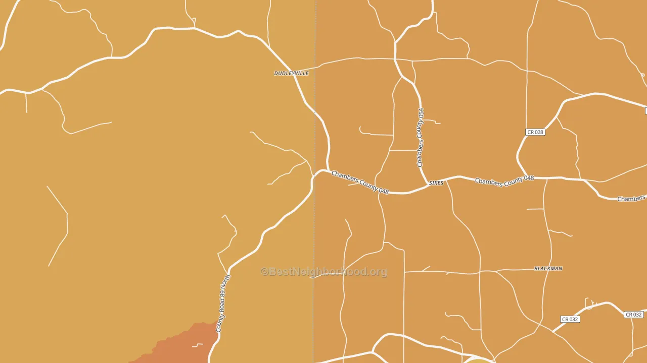Map of the best neighborhoods in the Dudleyville area, with better matches in green and worse matches in red