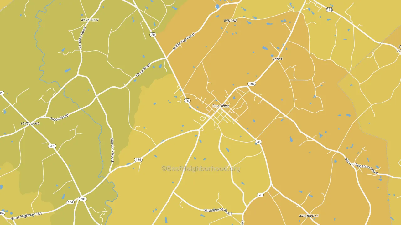 Map of the best neighborhoods in the Due West area, with better matches in green and worse matches in red